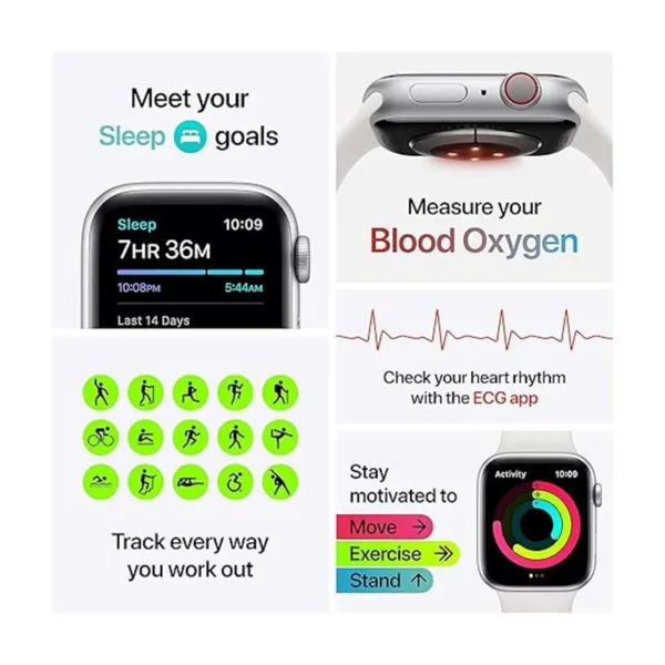 Apple Watch Series 6؛ ساعت هوشمند با نمایشگر همیشه روشن، سنسور اکسیژن خون و عملکرد سریع، مناسب برای پایش سلامت و فعالیت‌های روزمره.