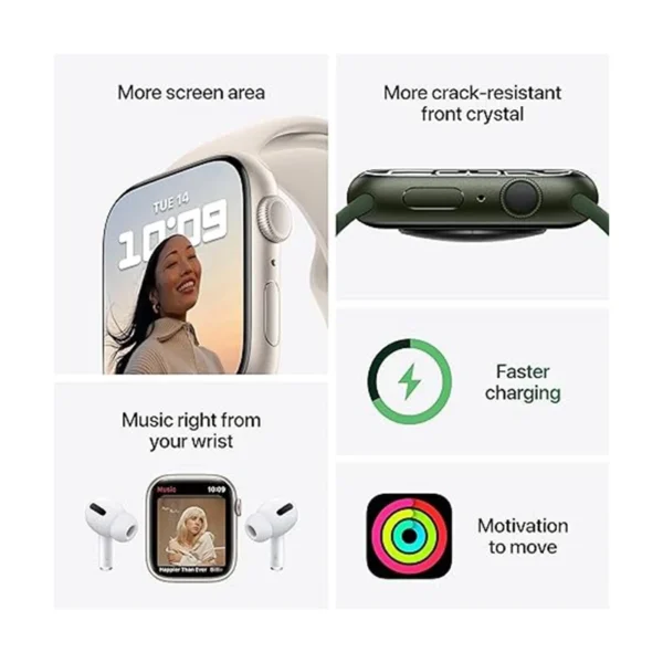 Apple Watch Series 7؛ ساعت هوشمند با نمایشگر بزرگ‌تر، شارژ سریع‌تر و طراحی مقاوم‌تر، مناسب برای کاربران فعال و علاقه‌مندان به سلامت و تناسب اندام.